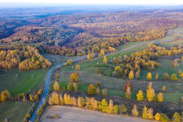 Aerial Picture Countryside Village Road Drone Shot Agricultural Fields Forest — Stock Photo, Image
