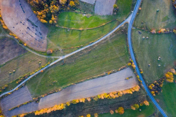 Aerial Picture Countryside Village Road Drone Shot Agricultural Fields Forest — Stock Photo, Image