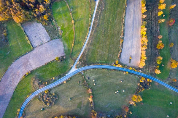 Aerial Picture Countryside Village Road Drone Shot Agricultural Fields Forest — Stock Photo, Image