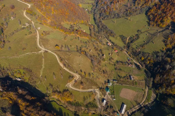 Flygbild Landsbygd Byn Väg Drone Skott Åkrar Skog Transsylvanien Rumänien — Stockfoto