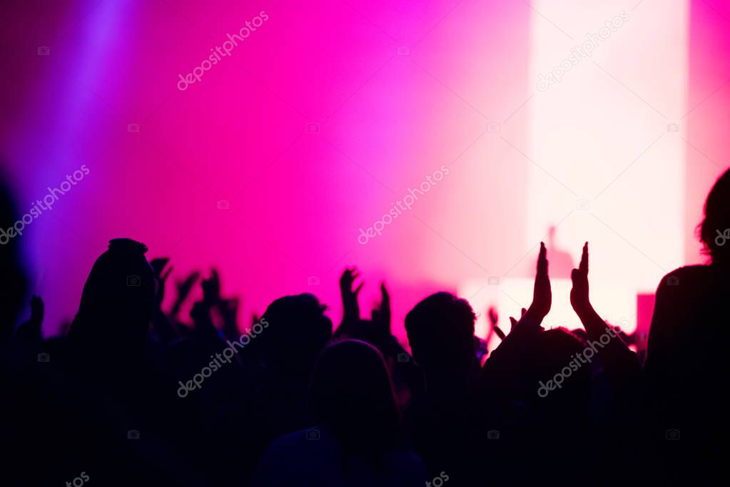 Crowd of people applauding at a music concert, festival 