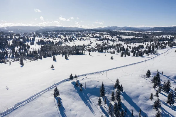 Drone Lotnicze Widoku Śniegu Objętych Krajobraz Zima Górach — Zdjęcie stockowe