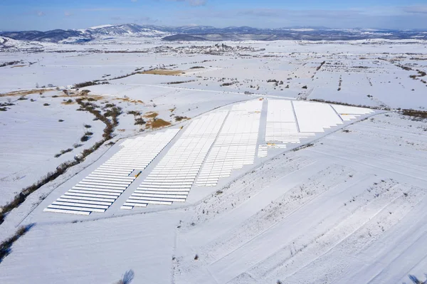 Aerial Drone View Snow Covered Solar Panel Park Photovoltaic Power — Stock Photo, Image