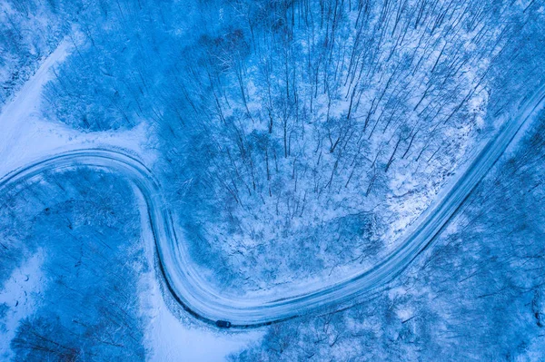 Dark Winter Road Forest Blue Hour Aerial Drone View — Stock Photo, Image