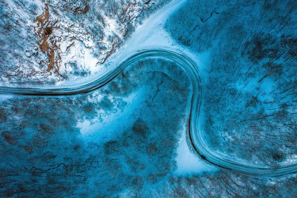 Dark Winter Road Forest Blue Hour Aerial Drone View — Stock Photo, Image