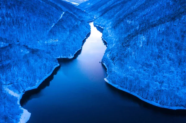 Aerial Drone View Lake Winter Blue Hour — Stock Photo, Image