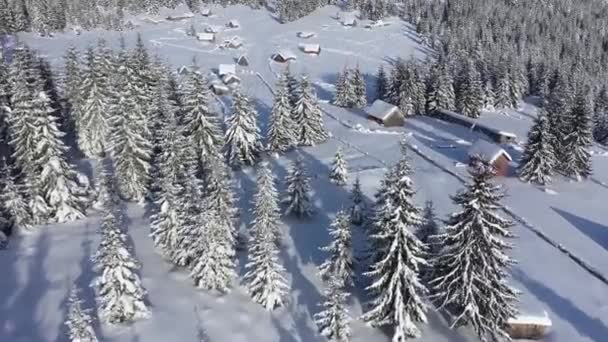 雪覆盖了偏远的村庄 山中的宅基地 空中无人机视图 — 图库视频影像