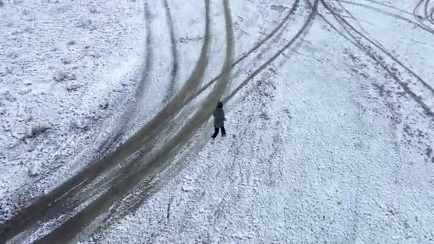 Drone Vista Superior Una Mujer Corriendo Aire Libre Invierno Pista — Vídeo de stock