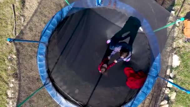 Aerial Point View Mother Her Daughter Having Fun Jumping Trampoline — Stock Video