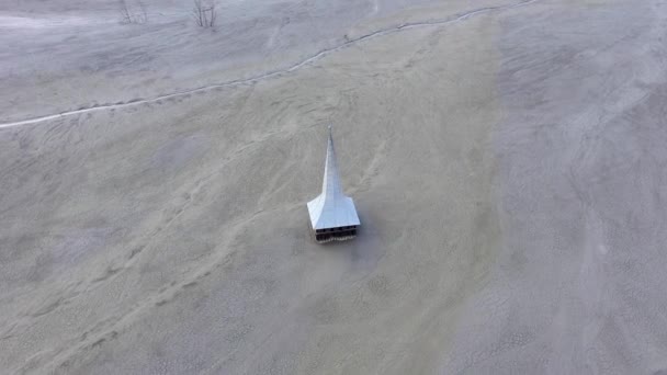 Ecological Catastrophe Aerial Drone View Flooded Abandoned Church Middle Lake — Stock Video