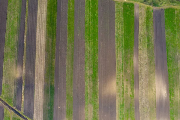 Воздушный беспилотный обзор сельскохозяйственных полей вспаханных культур — стоковое фото