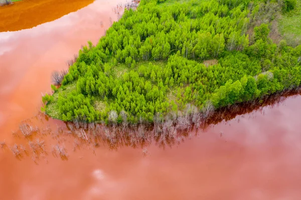 Kırmızı atık su ve yeşil ormanın havadan görünümü — Stok fotoğraf