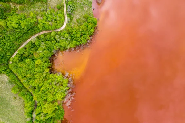 Letecký pohled na červenou odpadní vodu a zelený Les — Stock fotografie