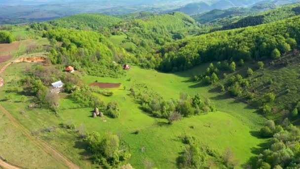 Voler au-dessus des collines verdoyantes de campagne et des maisons de village, terres agricoles au printemps. Vue aérienne du drone 4k 