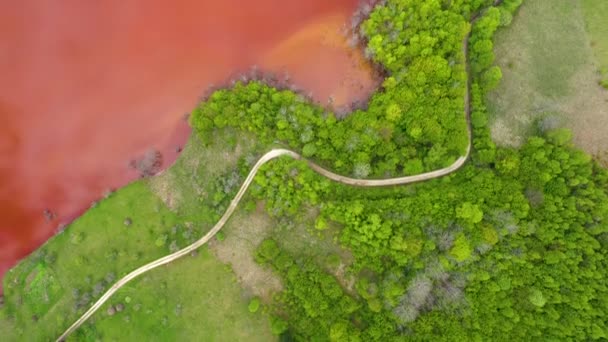 Luftaufnahme Von Bunten Roten Kupferbergbau Abwässern Kontrast Frischem Grünen Wald — Stockvideo