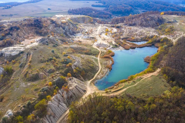 Aerial drone shot of a lake, opencast mine — Stock Photo, Image