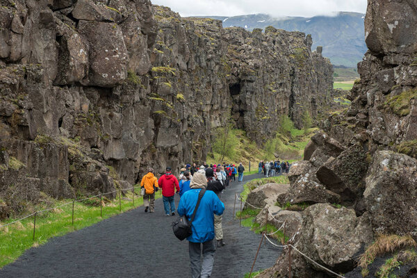 Crowd of tourists visiting Thingvellir, Iceland