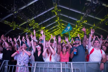 Cheerful partying crowd of people at music festival