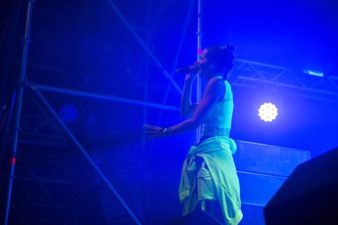 Sahnede şarkı söyleyen kadın sanatçı