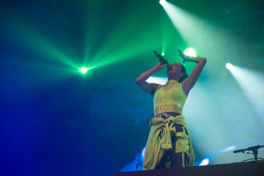 Sahnede şarkı söyleyen kadın sanatçı