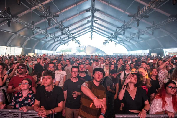 Multidão de pessoas a festejar num concerto de rap ao vivo Fotos De Bancos De Imagens Sem Royalties