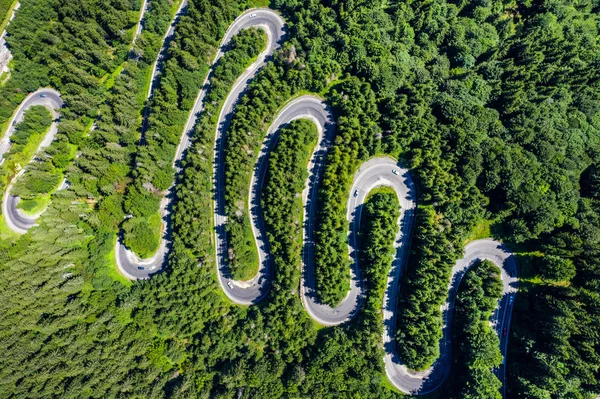 Vista aérea superior de uma estrada sinuosa na floresta verde — Fotografia de Stock