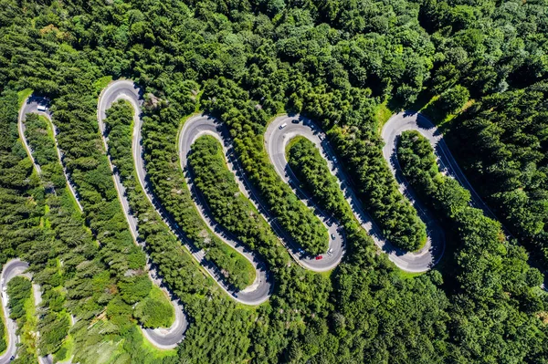 Vista aérea superior de uma estrada sinuosa na floresta verde — Fotografia de Stock