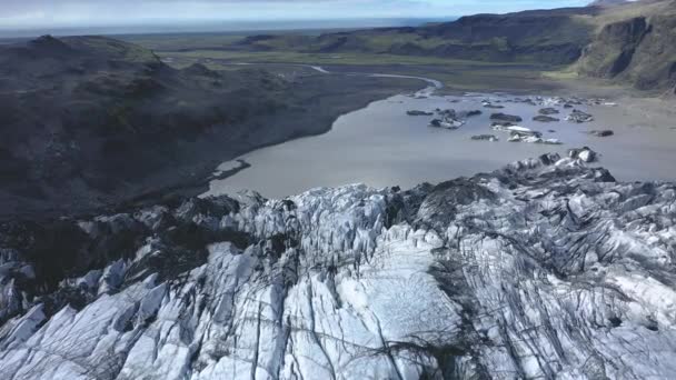 Luchtfoto Drone Hoge Hoek Uitzicht Smeltende Solheimajokull Gletsjer Ijsland Klimaatverandering — Stockvideo