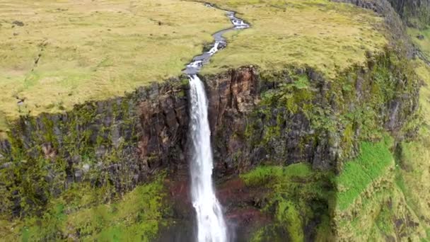 Aerial High Angle View Huge Waterfall Iceland Drone Video — Stock Video