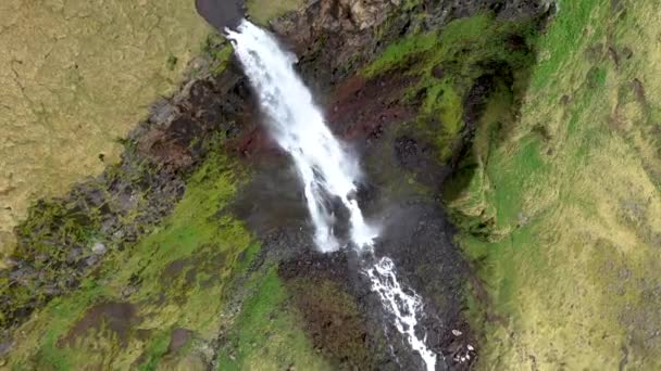 Hoge Hoek Zicht Vanuit Lucht Een Enorme Waterval Ijsland Drone — Stockvideo