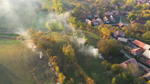 Воздушный Беспилотник Видом Осеннюю Деревню Горящей Сухой Травой Белым Дымом — стоковое видео