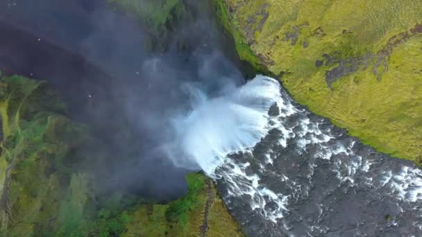 Aerial View Skogafoss Waterfall Iceland Drone Point View — Stock Video