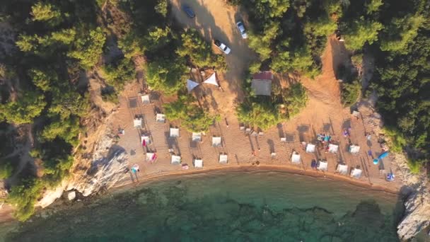 Vliegen Boven Strandparasols Ligbedden Aan Kust Thassos Eiland Griekenland — Stockvideo