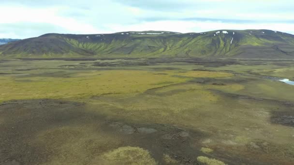 Fliegend Über Einem Riesigen Vulkanplateau Lavastrom Mit Leuchtend Grünem Moos — Stockvideo