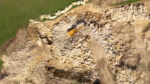 Aerial Drone View Excavator Working Limestone Quarry — Stock Video