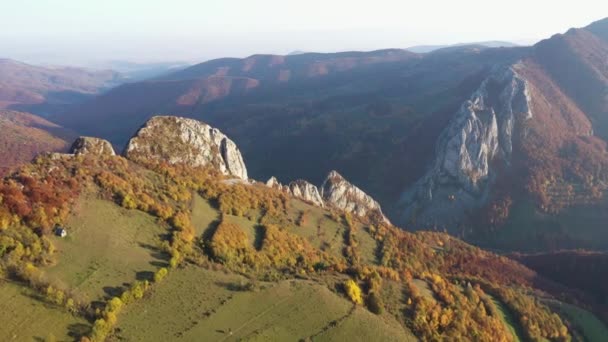 Voando Acima Floresta Rural Outono Colorido Nas Montanhas Transilvânia Roménia — Vídeo de Stock