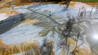  Asit madeninin soyut doğal renk kalıpları drone 'lar tarafından gölün havadan görüntüsünü süpürüyor.