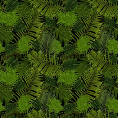 Siyah arka plan üzerine çeşitli palmiye yaprakları ile Dikişsiz desen çizimi