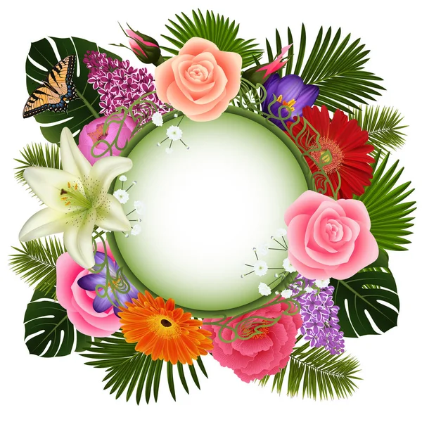 Illustration Modèle Carte Florale Avec Fleurs Papillon Feuilles Palmier Bannière — Image vectorielle