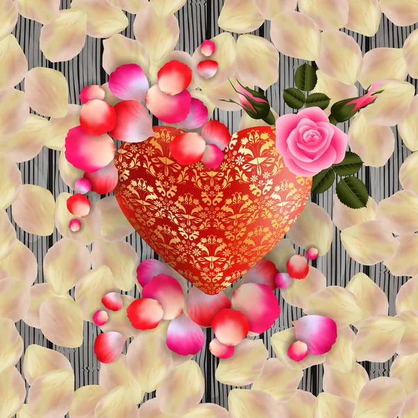 邀请或情人节贺卡的模板插图玫瑰花 玫瑰花瓣 花边心脏和破旧的木板 — 图库矢量图片