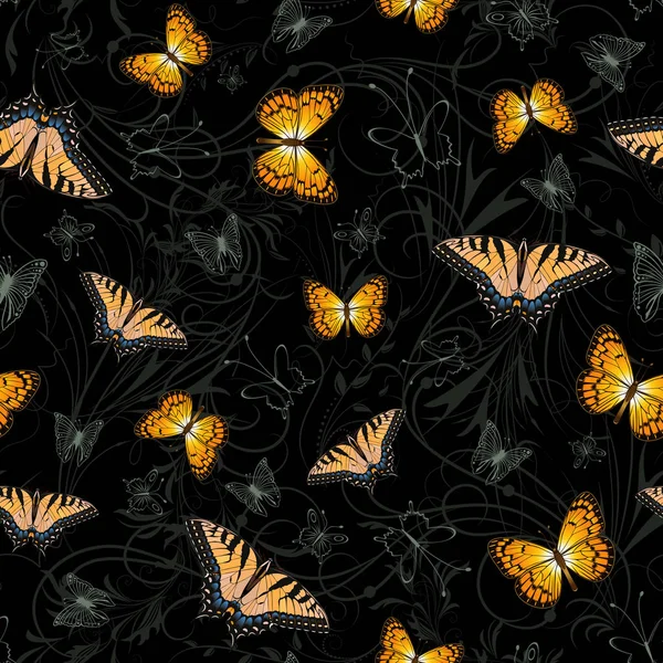 Illustration Eines Nahtlosen Musters Mit Schwalbenschwanz Silberfleckigen Schmetterlingen Und Floralem — Stockvektor