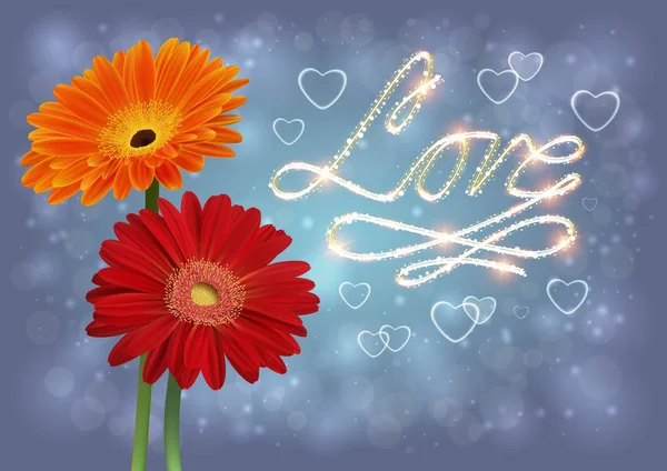 Ilustrace Květinovým Kartu Šablony Květy Sedmikrásky Gerbera Nápis Love Bokeh — Stockový vektor