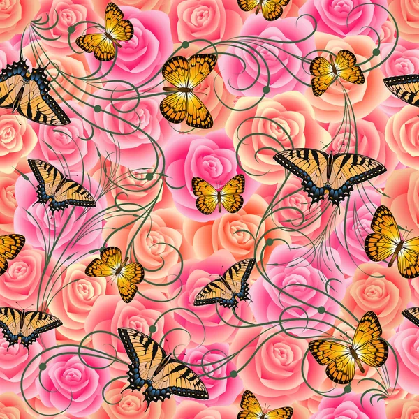 Illustration Eines Nahtlosen Musters Aus Rosen Pastellrosa Farben Schwalbenschwanz Und — Stockvektor