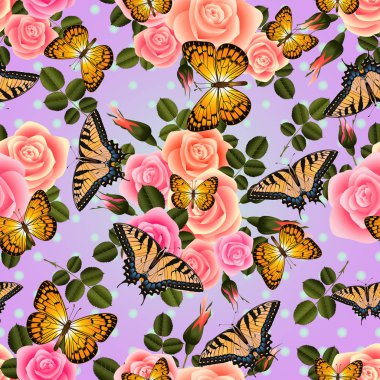 Swallowtail, silverspot kelebekler, gül ve puantiyeli arka plan ile Dikişsiz desen çizimi