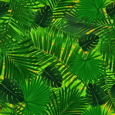 Turuncu zemin üzerine çeşitli palmiye yaprakları ile Dikişsiz desen çizimi