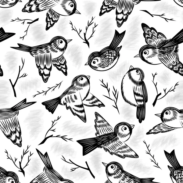 Illustration Seamless Pattern Hand Drawn Birds Sprigs Sketch Sparrows Twigs — Stock Vector