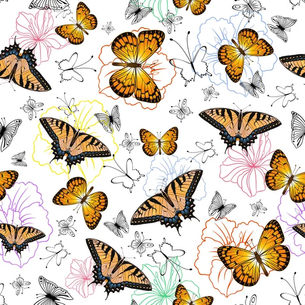 Swallowtail Silverspot Kelebekler Izole Çiçekler Ile Dikişsiz Desen Çizimi — Stok Vektör