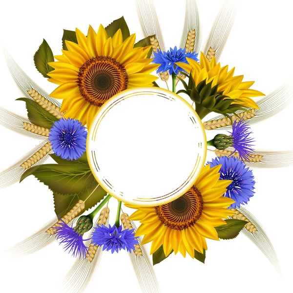 Illustrazione Del Modello Carta Floreale Con Girasoli Fiordaliso Spighe Grano — Vettoriale Stock