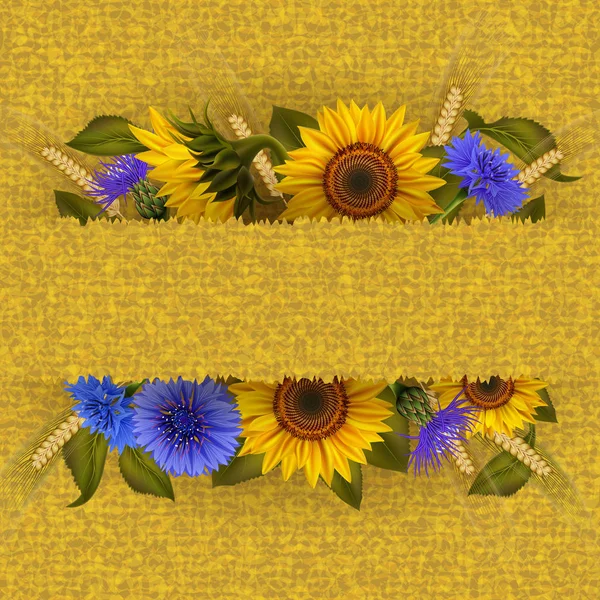 Ilustração Modelo Cartão Floral Com Girassóis Flores Milho Espigas Trigo — Vetor de Stock