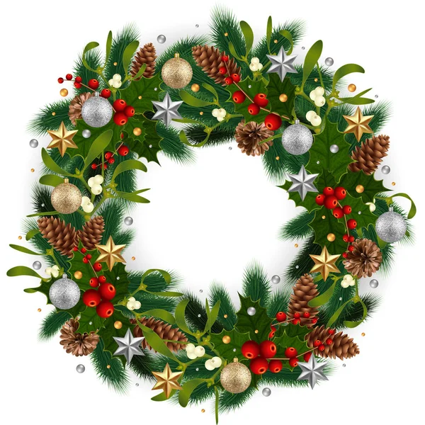 Illustration Christmas Wreath Fir Tree Branches Mistletoe Holly Berries Fir — Stock Vector